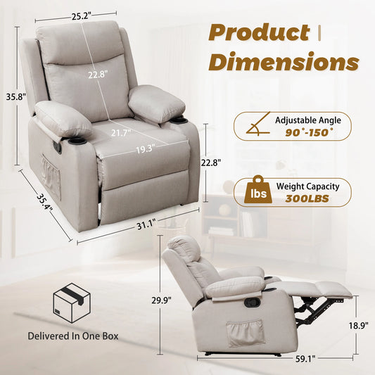 Korser Small Recliners for Small Spaces, Reclining Manual Chair with Cup Holders and Side Pockets for Living Room, Bedroom