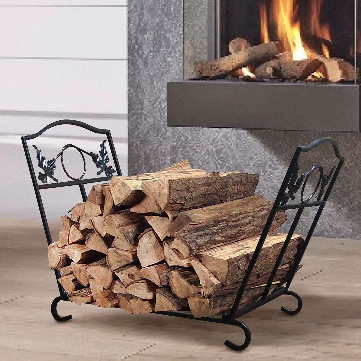 Black Indoor Outdoor Fireplace Firewood Holder, Folding Log Storage Rack