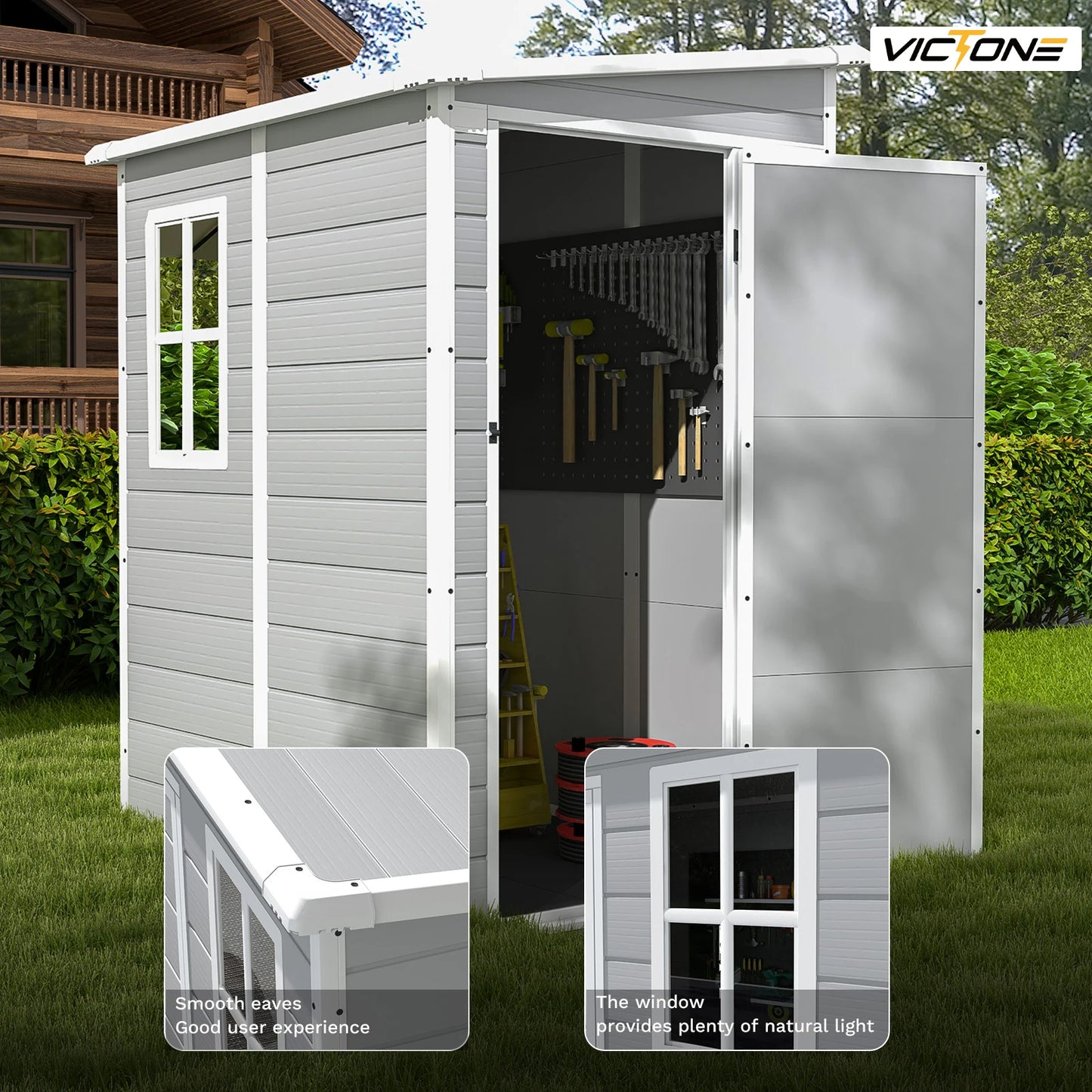 5x4 FT Plastic Outdoor Storage Shed With Floor, Lockable & Window For Patio Furniture