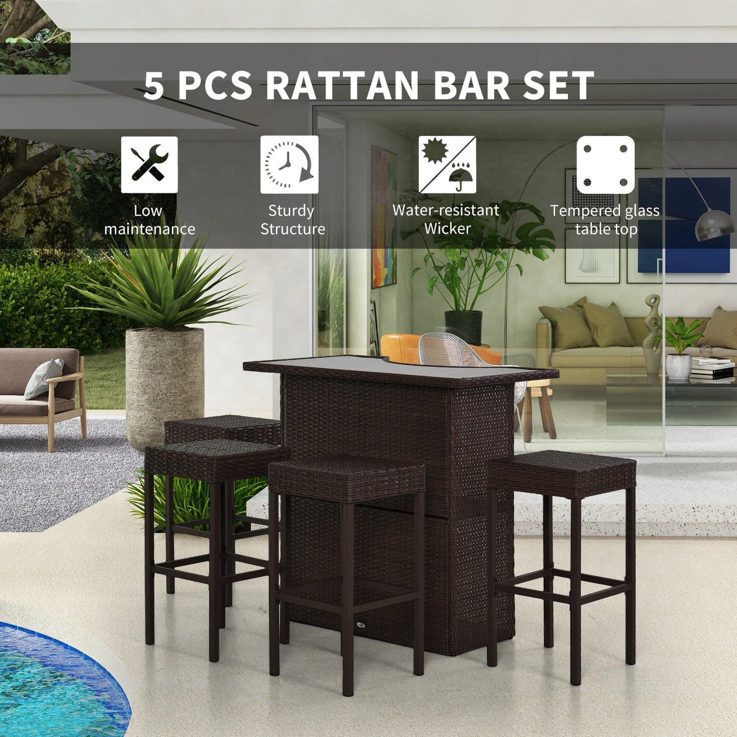 5 Piece Outdoor Rattan Wicker Bar Set Furniture Table Stool