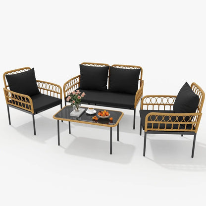 4 Pieces Patio Furniture Set Wicker Glass Patio Table and Chairs Set Loveseat Chairs