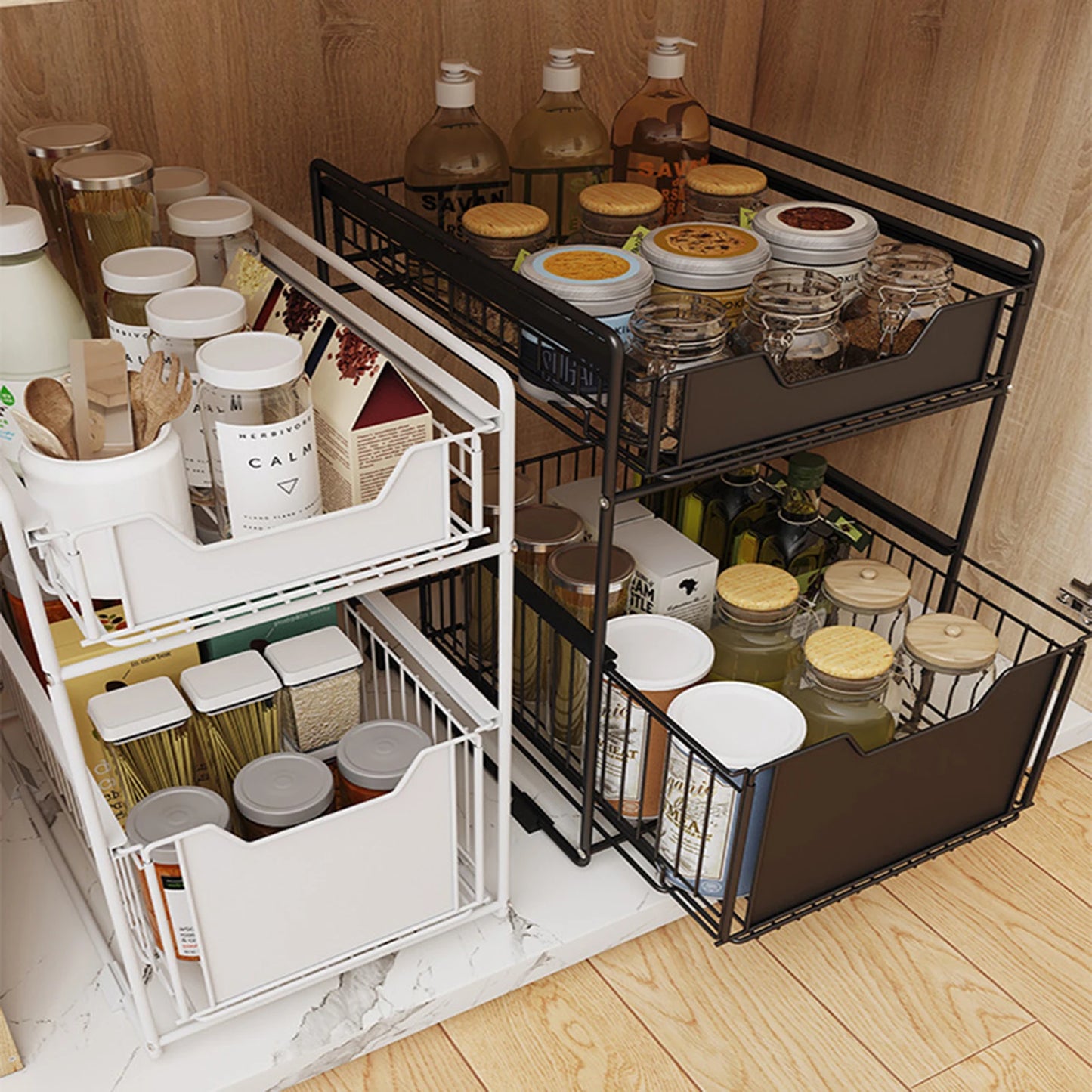 Pull Out Cabinet Organizer Carbon Steel Heavy Duty Slide Out Pantry Shelves