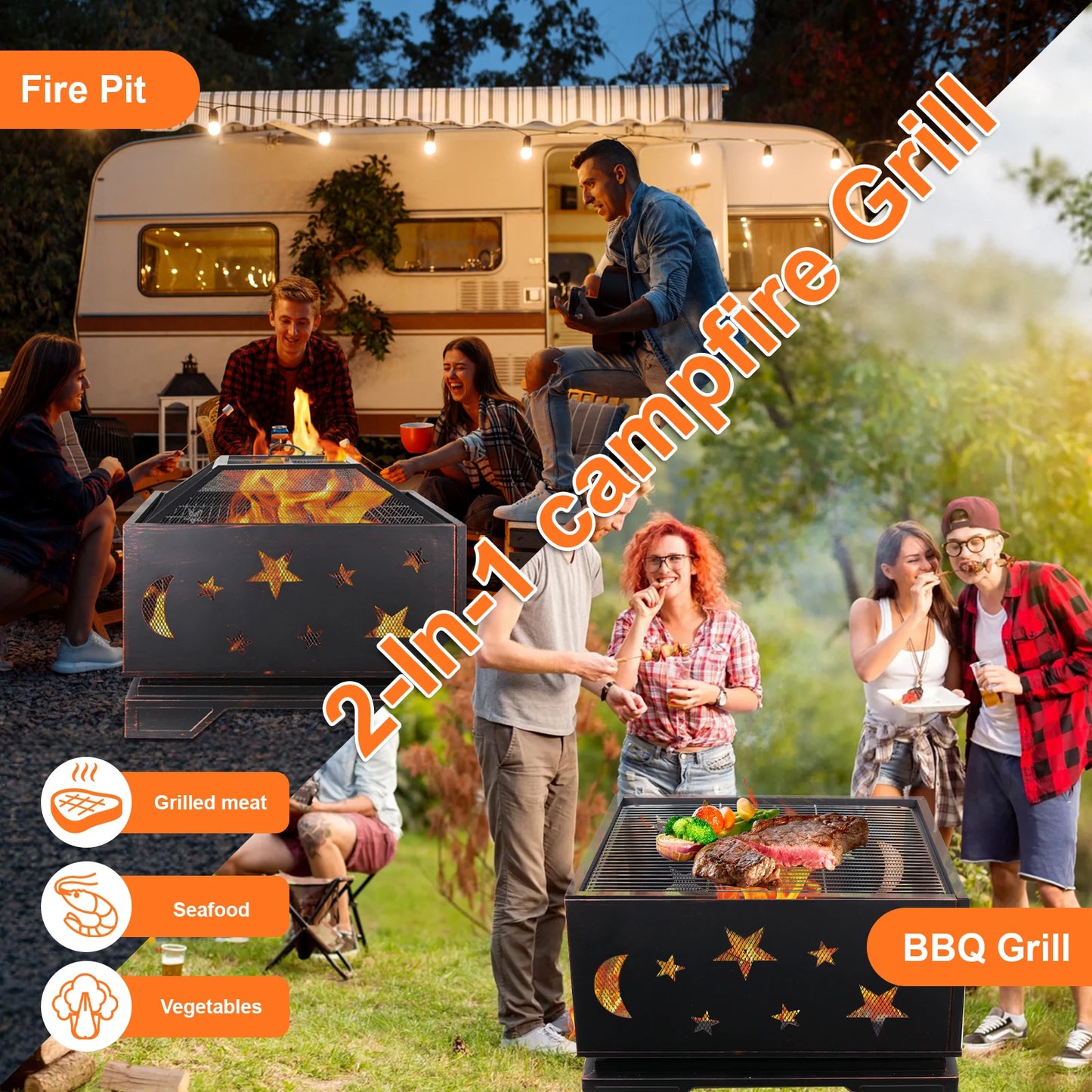Wood Burning Fire Pit with Cooking Grill & Spark Screen