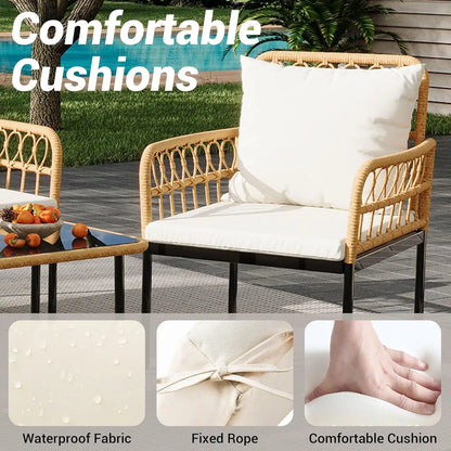 4 Pieces Patio Furniture Set Wicker Glass Patio Table and Chairs Set Loveseat Chairs