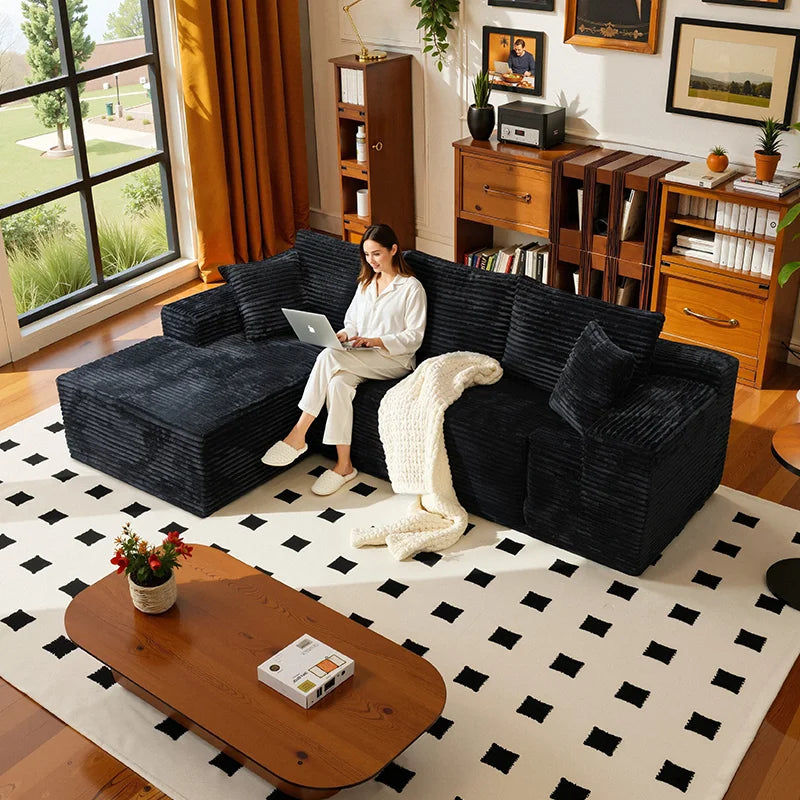 105Inch L-Shaped Living Room Sofa, No Assembly Required, Cozy Corduroy Fabric, Sofa Bed Convertible, Minimalist Deep Seat Design