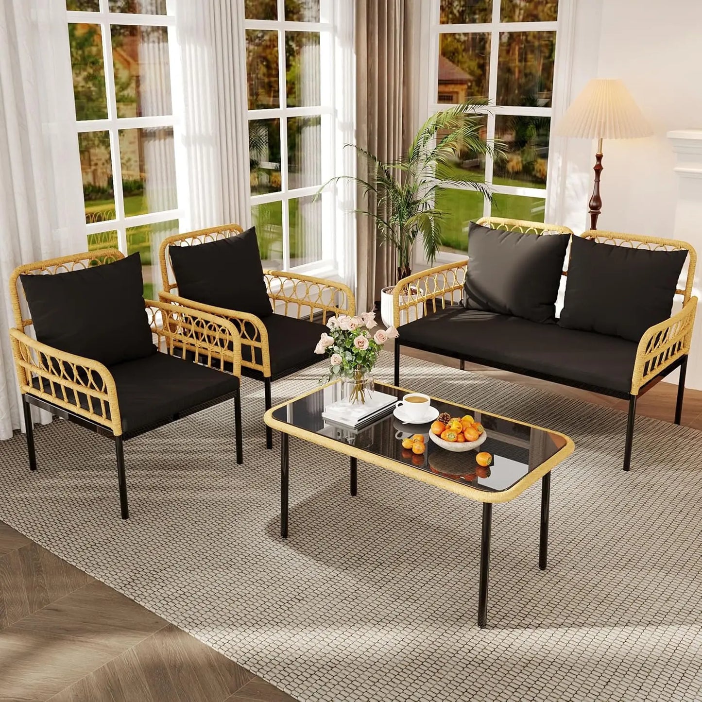 4 Pieces Patio Furniture Set Wicker Glass Patio Table and Chairs Set Loveseat Chairs