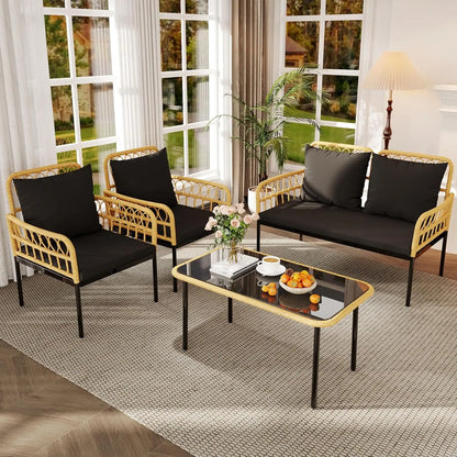 4 Pieces Patio Furniture Set Wicker Glass Patio Table and Chairs Set Loveseat Chairs