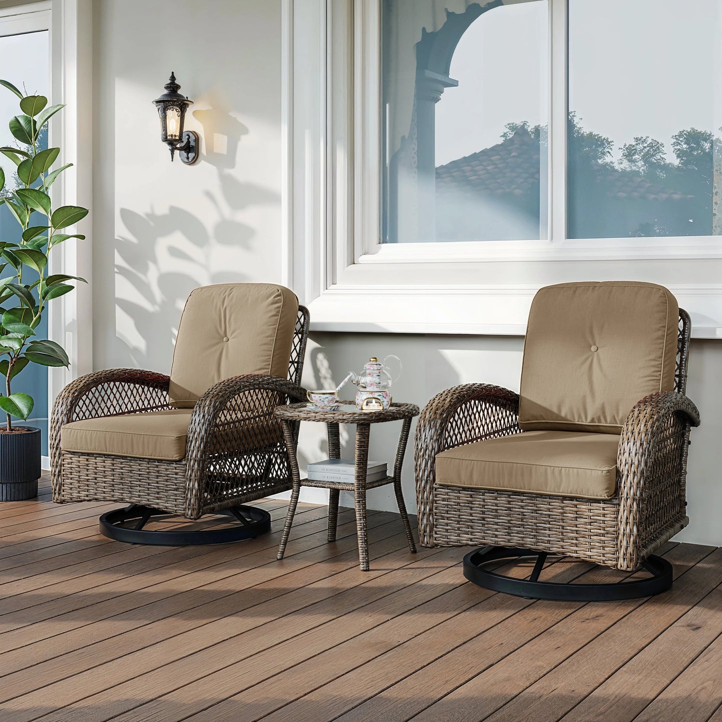 3 Pieces Patio Furniture Set, Outdoor Rotating Rocking Chair Set