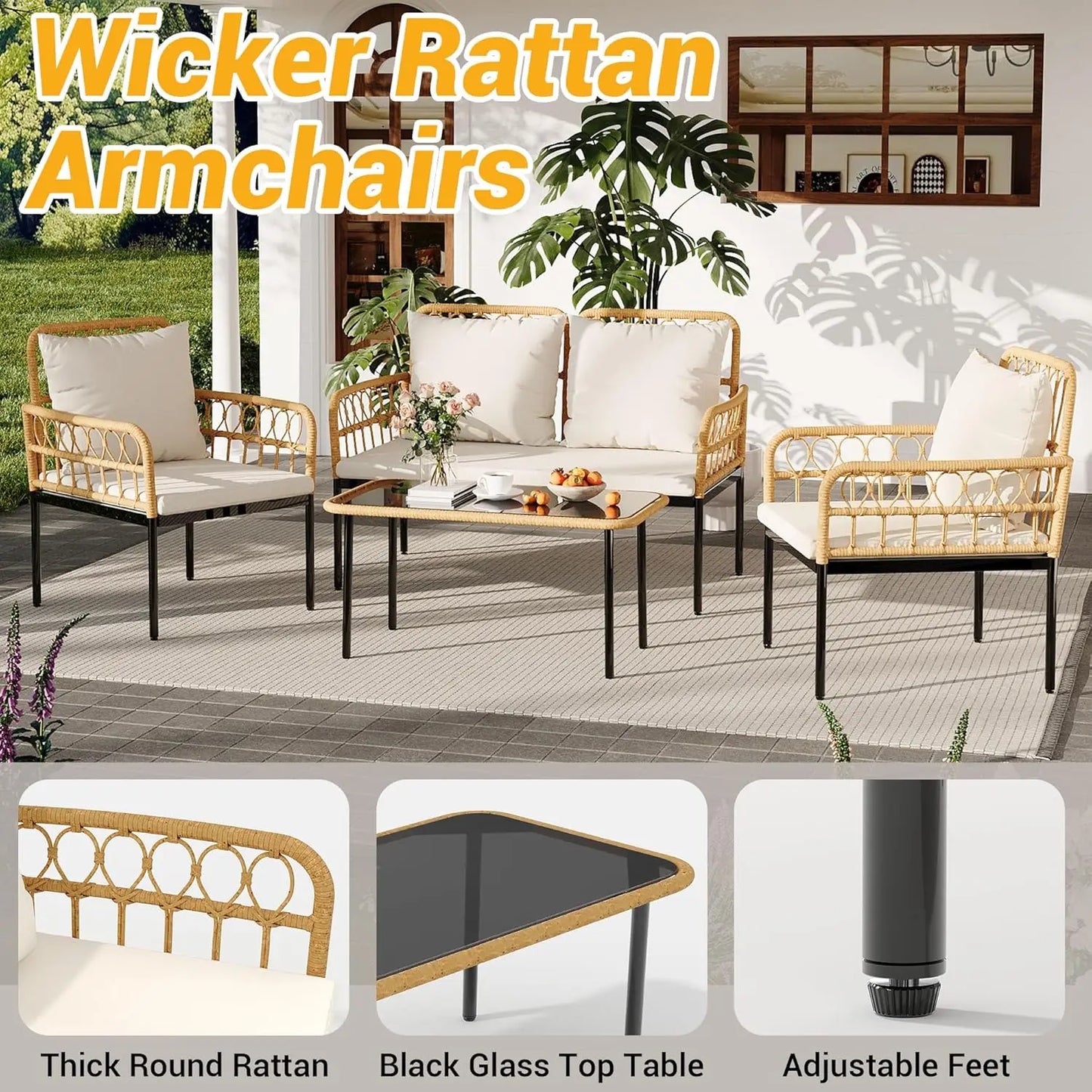4 Pieces Patio Furniture Set Wicker Glass Patio Table and Chairs Set Loveseat Chairs