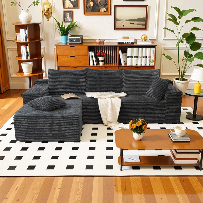 105Inch L-Shaped Living Room Sofa, No Assembly Required, Cozy Corduroy Fabric, Sofa Bed Convertible, Minimalist Deep Seat Design