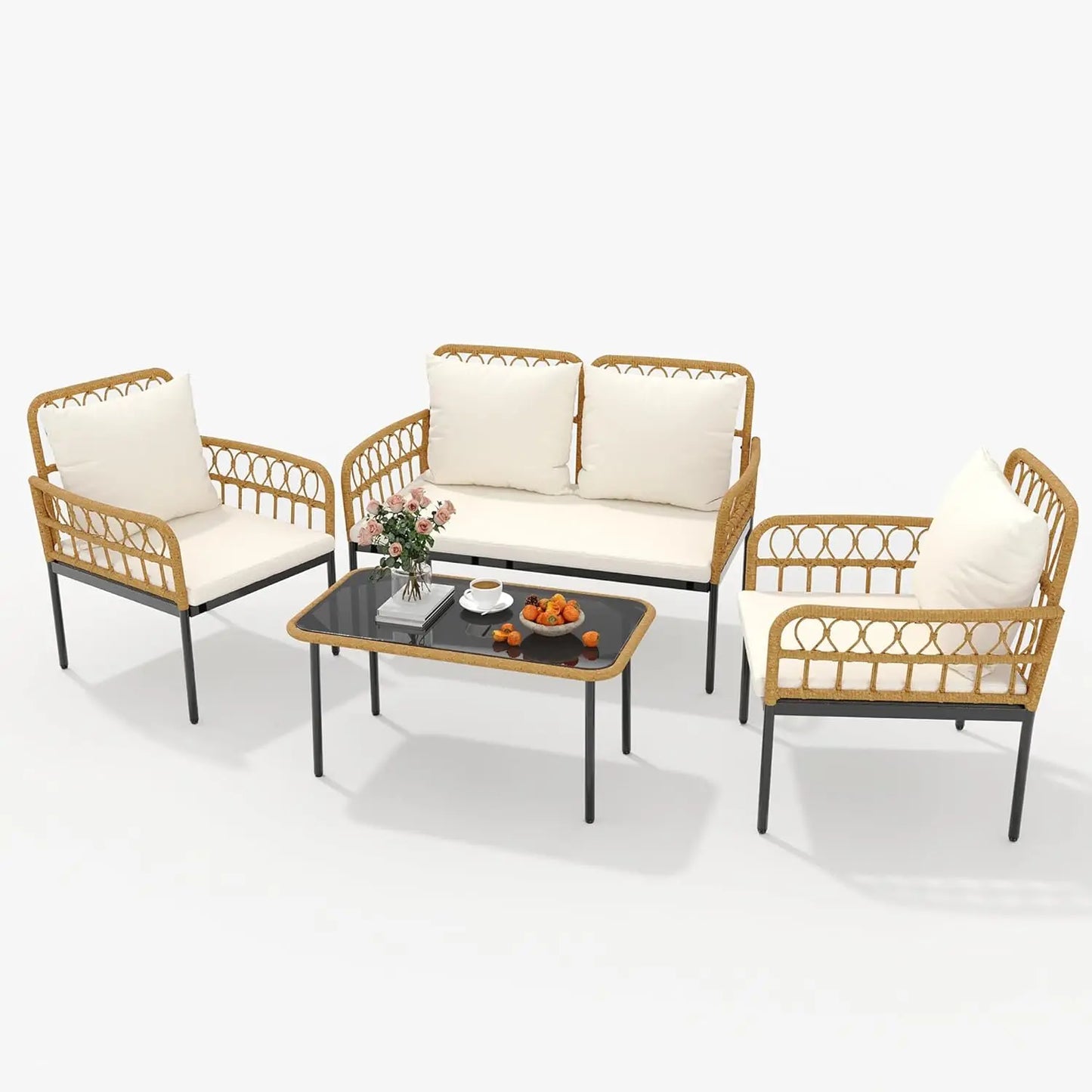 4 Pieces Patio Furniture Set Wicker Glass Patio Table and Chairs Set Loveseat Chairs