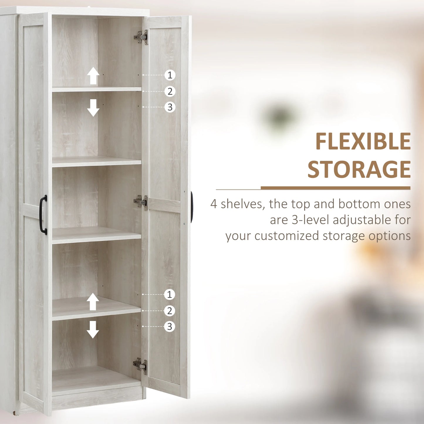63" Rustic 2-Door Kitchen Freestanding Storage Cabinet Pantry Shelves, Brown