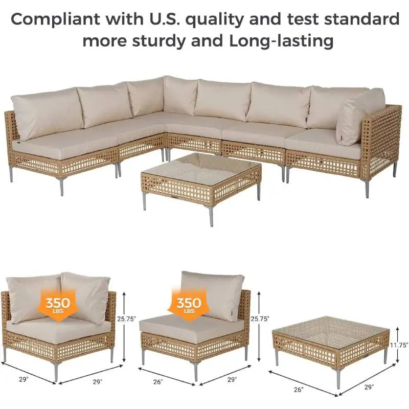 7pcs Wicker Patio Furniture Set Sectional Sofa With Thick Cushions And Coffee Table