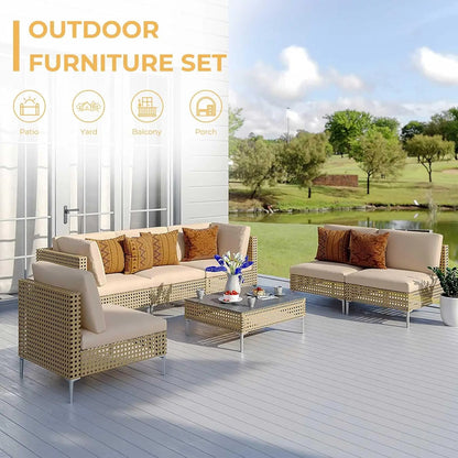 7pcs Wicker Patio Furniture Set Sectional Sofa With Thick Cushions And Coffee Table