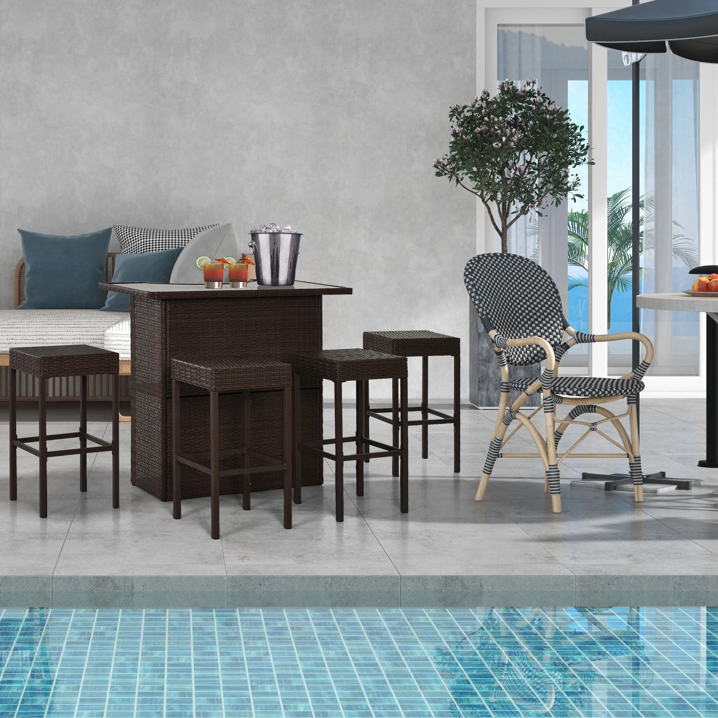5 Piece Outdoor Rattan Wicker Bar Set Furniture Table Stool