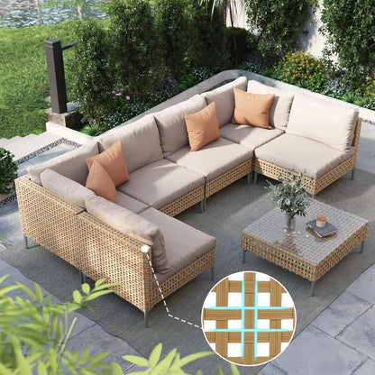7pcs Wicker Patio Furniture Set Sectional Sofa With Thick Cushions And Coffee Table