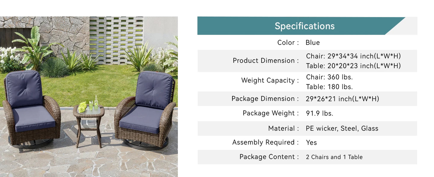 3 Pieces Patio Furniture Set, Outdoor Rotating Rocking Chair Set