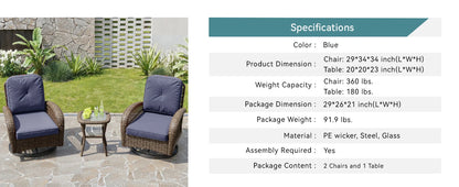3 Pieces Patio Furniture Set, Outdoor Rotating Rocking Chair Set