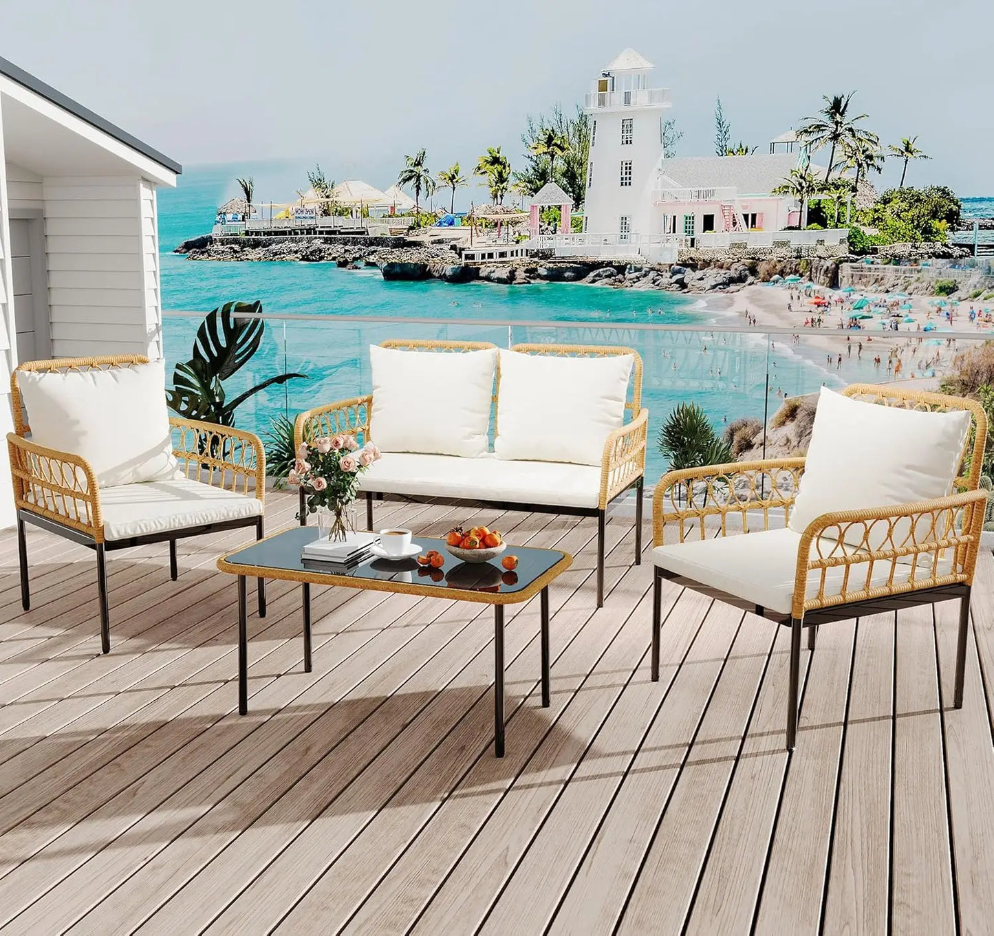 4 Pieces Patio Furniture Set Wicker Glass Patio Table and Chairs Set Loveseat Chairs