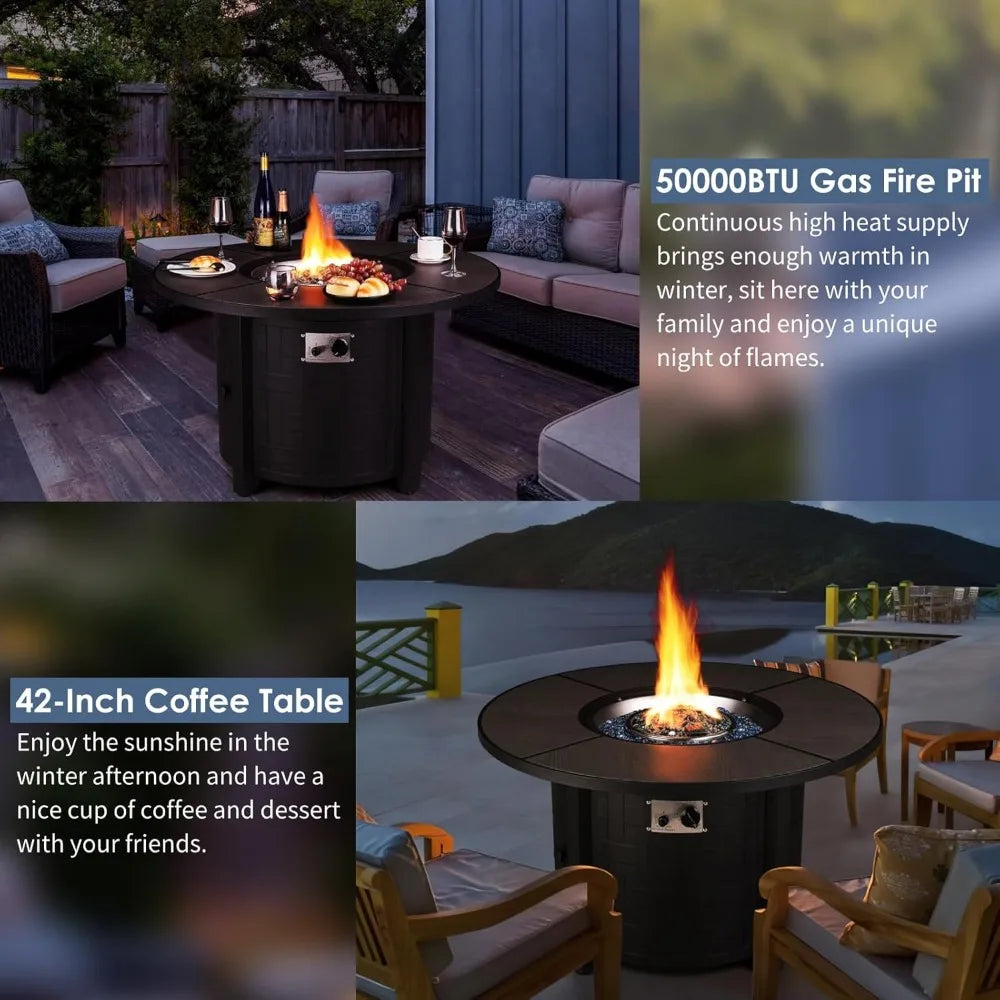 42in Propane Fire Pit Table, 50,000 BTU Auto-Ignition Outdoor Patio Fire Pit with Waterproof Cover