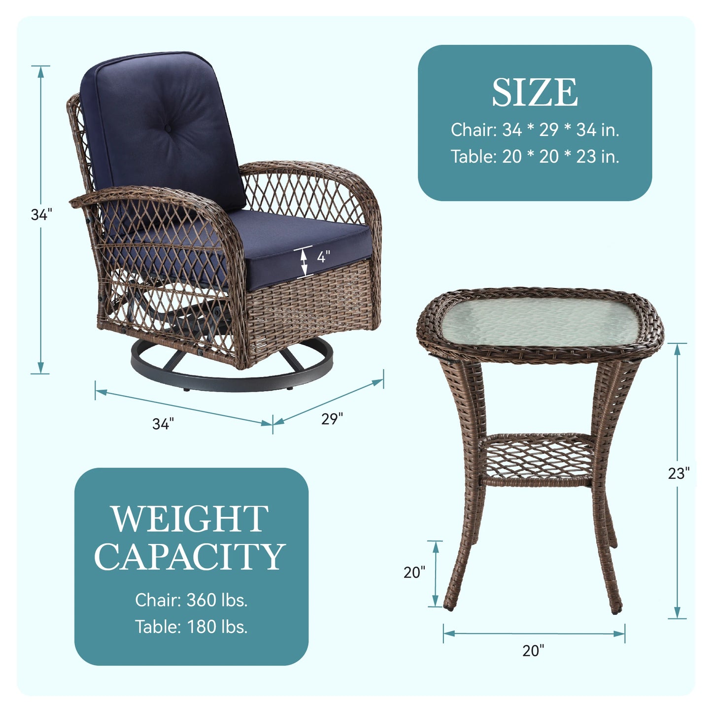 3 Pieces Patio Furniture Set, Outdoor Rotating Rocking Chair Set